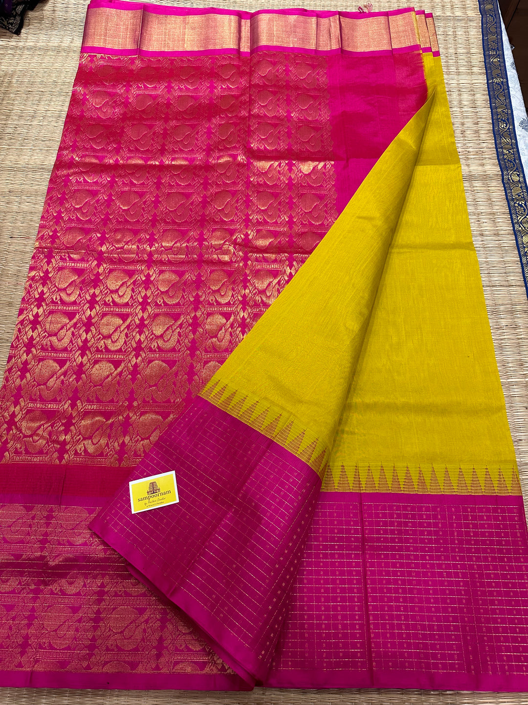 Lemon Yellow with Pink Border Lakshadeepam ,Rich Pallu Korvai Silk Cotton Saree