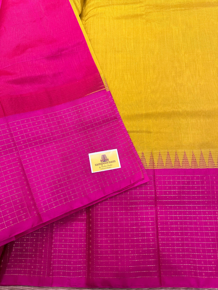 Lemon Yellow with Pink Border Lakshadeepam ,Rich Pallu Korvai Silk Cotton Saree