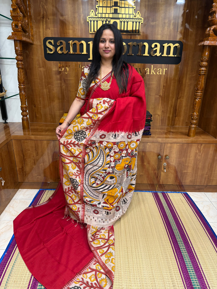 Red , Kalamkari Prints in One Side border , Pallu and Blouse , Chennuri Silk Saree