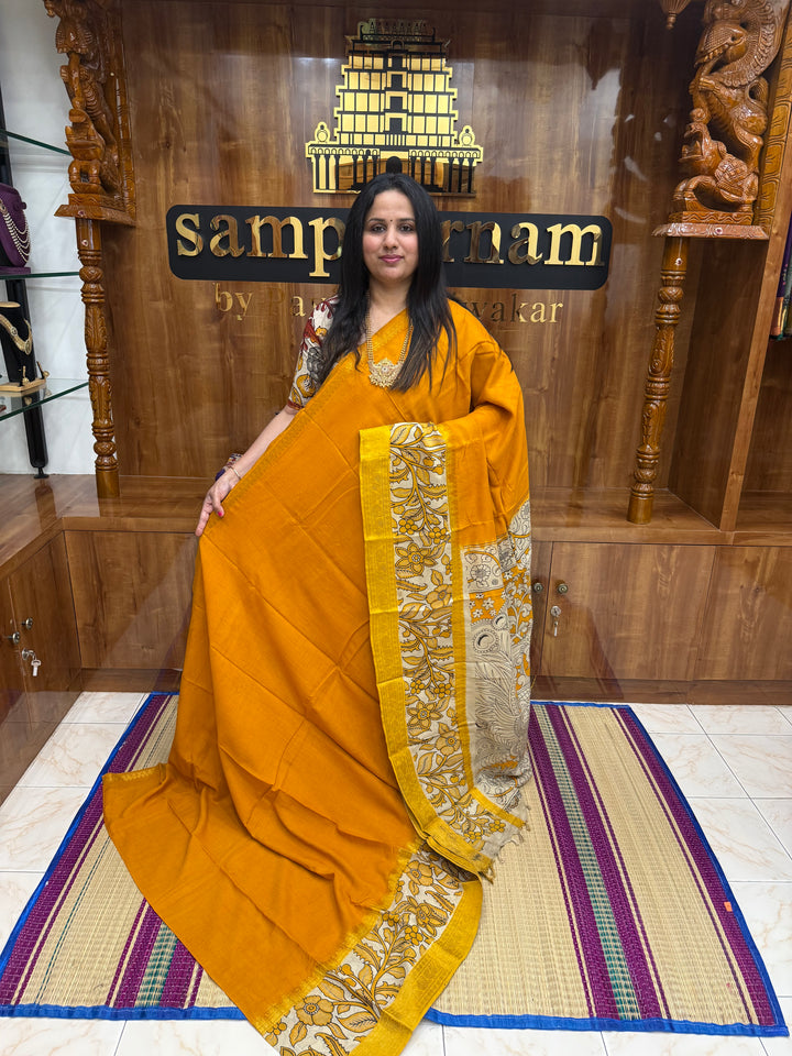 Yellow , Kalamkari Prints in One Side border , Pallu and Blouse , Chennuri Silk Saree