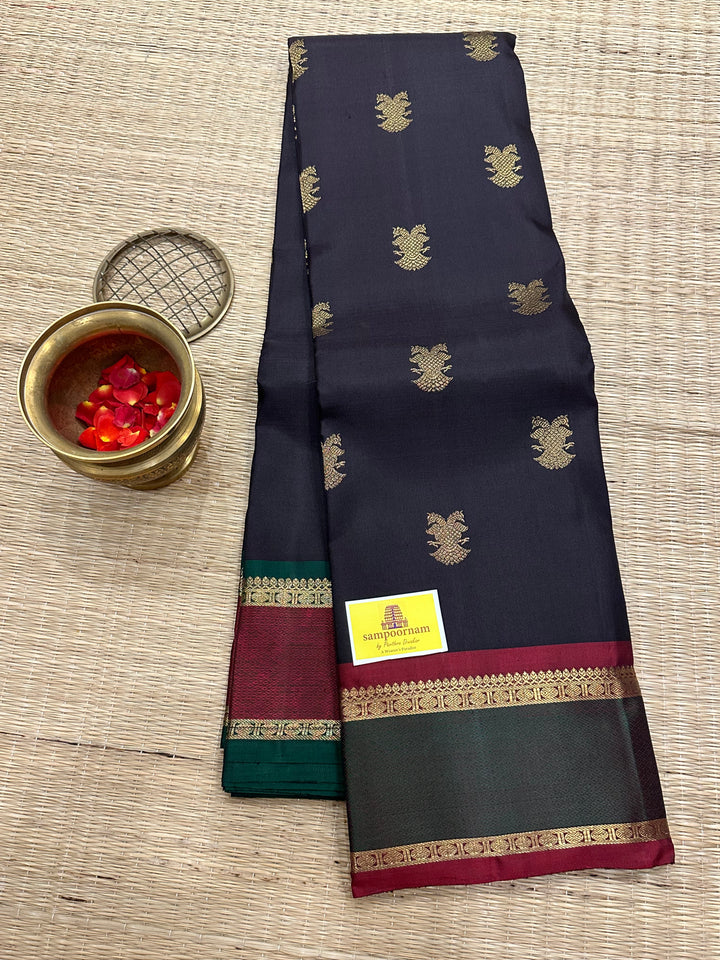 An Evergreen Combo Black with Ganga Jamuna Border Araku and Green, Gandaberundu Zari motif in Body and Rich Pallu Pure Kanjivaram Silk Sarees