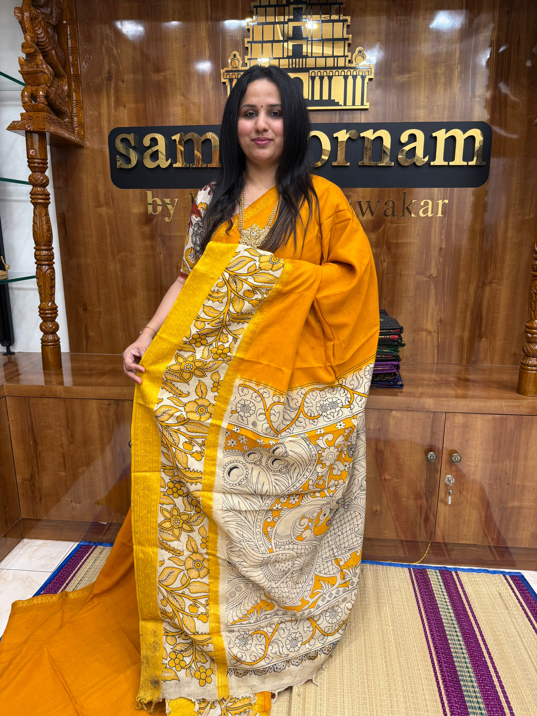 Yellow , Kalamkari Prints in One Side border , Pallu and Blouse , Chennuri Silk Saree