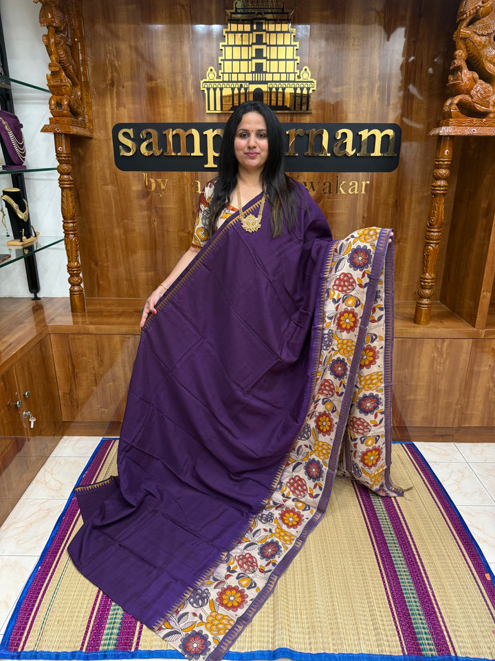 Violet , Kalamkari Prints in One Side border , Pallu and Blouse , Chennuri Silk Saree