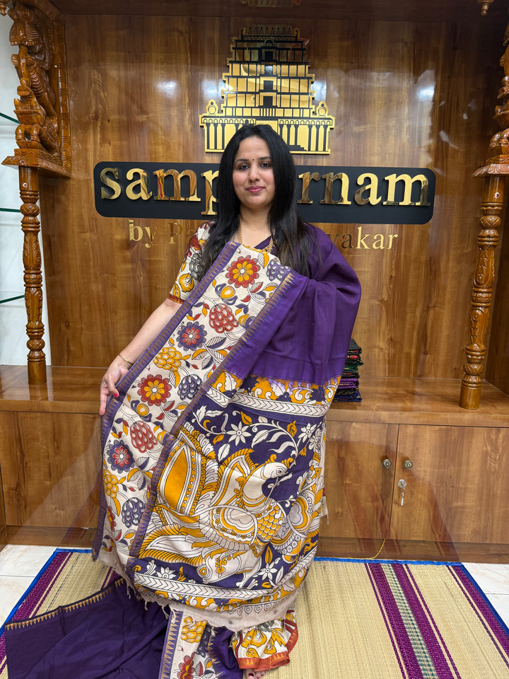 Violet , Kalamkari Prints in One Side border , Pallu and Blouse , Chennuri Silk Saree