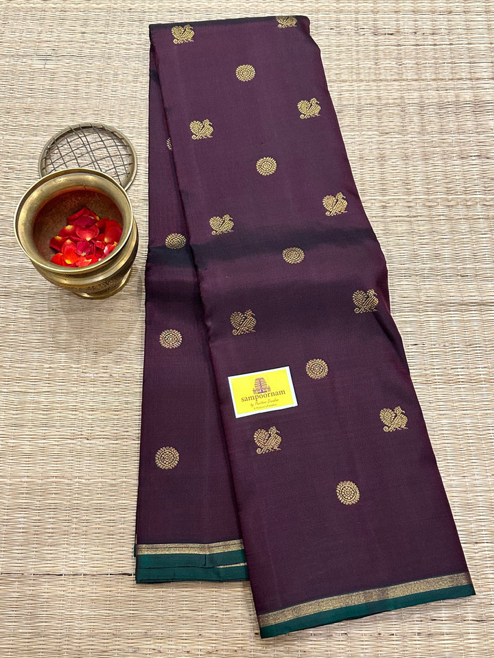 A Classic Dark Araku with Dark Manthulir Green Saree, with Small Mayil and Chakram Zari Motif and Richi Kili Kanjivaram Pallu Pure Kanjivaram Silk Saree