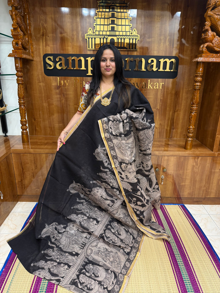 Black  Kalamkari Prints in the body and Pallu Pure Kota Cotton Saree