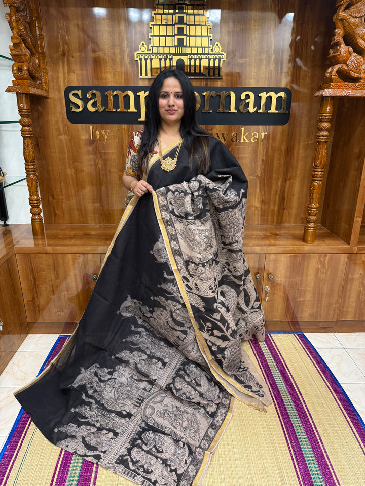 Black  Kalamkari Prints in the body and Pallu Pure Kota Cotton Saree