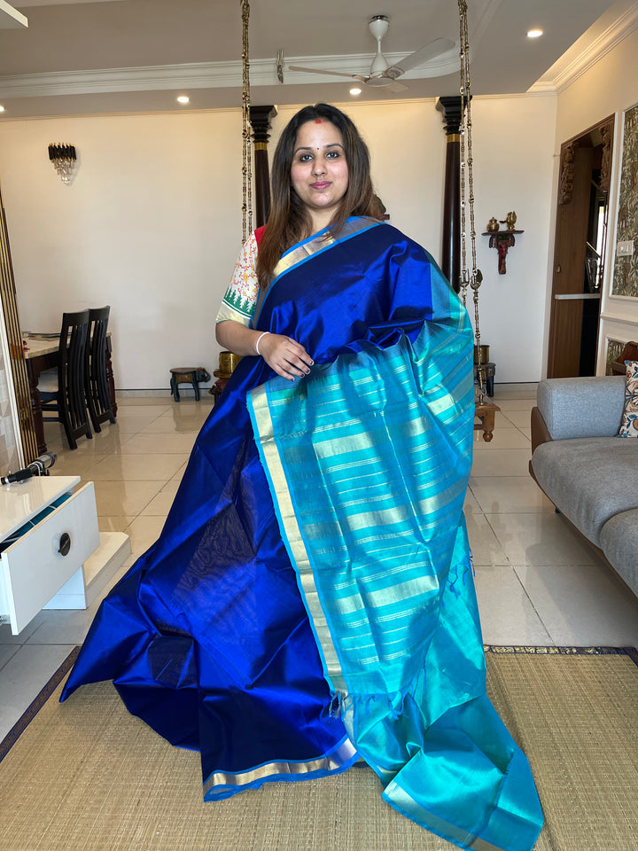 Blue with Light Blue Small Border Silk Cotton Saree