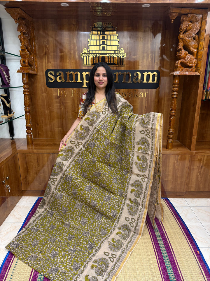 Green Kalamkari Prints in the body and Pallu Pure Kota Cotton Saree