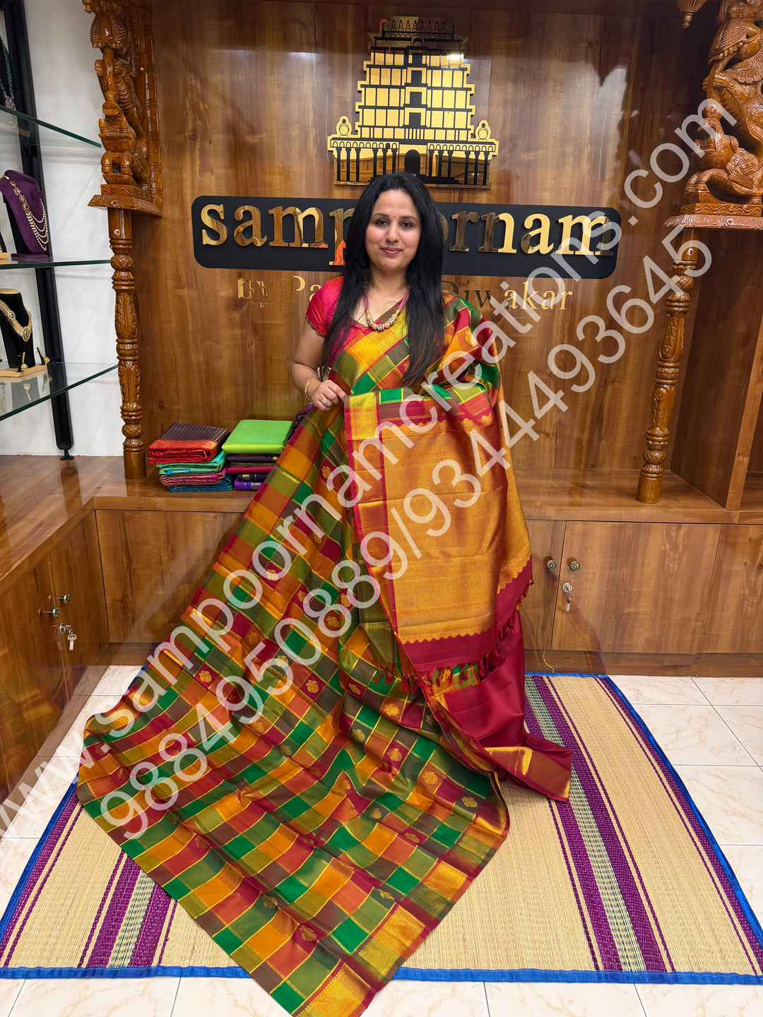 Green , Orange , Mustard and Maroon with Maroon , Rich Two side Peacock butta in the body with Zari checks , Traditional borders and Rich Pallu , Pure Kanjivaram Silk Saree