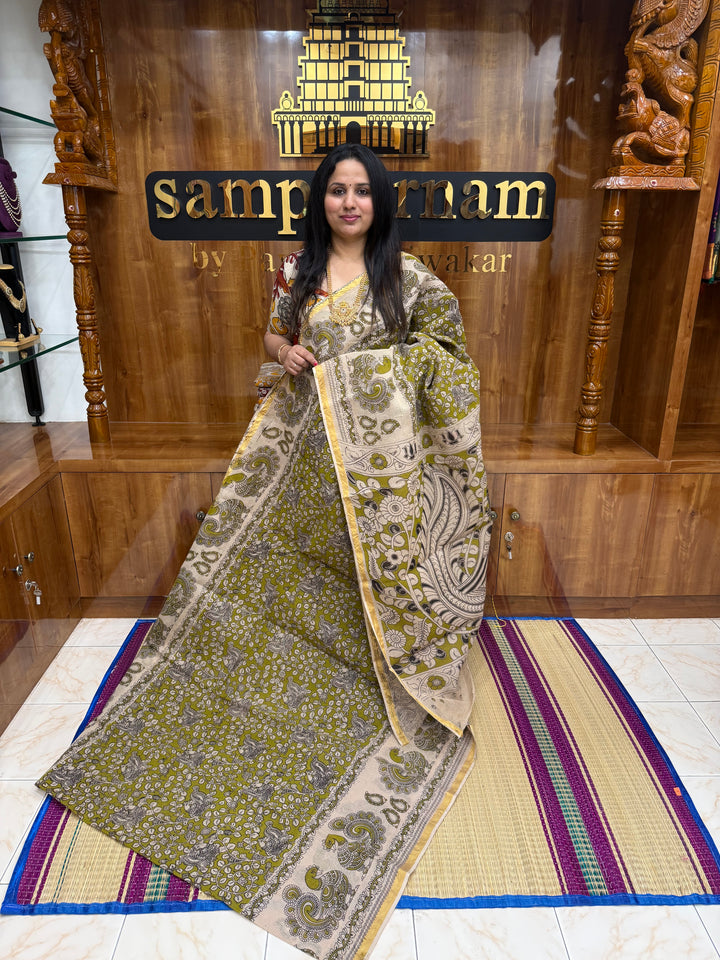 Green Kalamkari Prints in the body and Pallu Pure Kota Cotton Saree