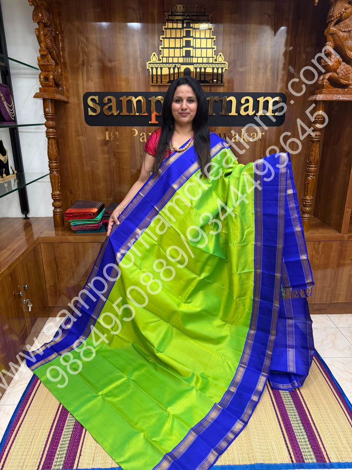 Parrot Green with Blue , rettapet  borders and Rich Pallu  Pure Kanjivaram Silk Saree