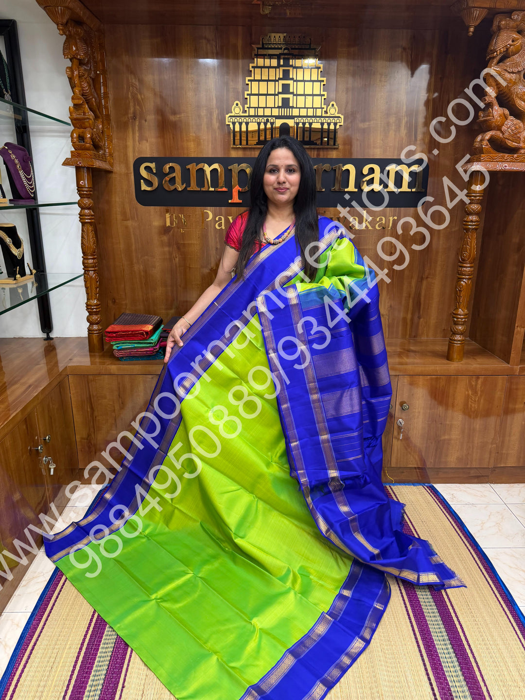 Parrot Green with Blue , rettapet  borders and Rich Pallu  Pure Kanjivaram Silk Saree