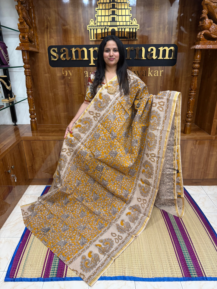 Yellow Kalamkari Prints in the body and Pallu Pure Kota Cotton Saree