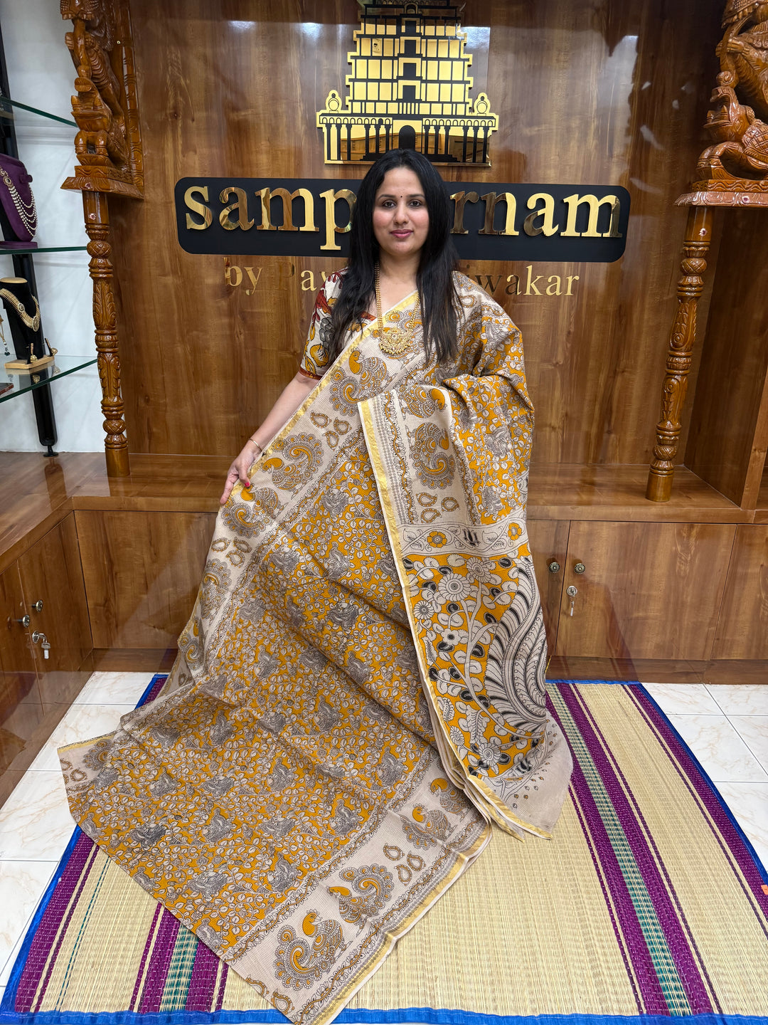 Yellow Kalamkari Prints in the body and Pallu Pure Kota Cotton Saree