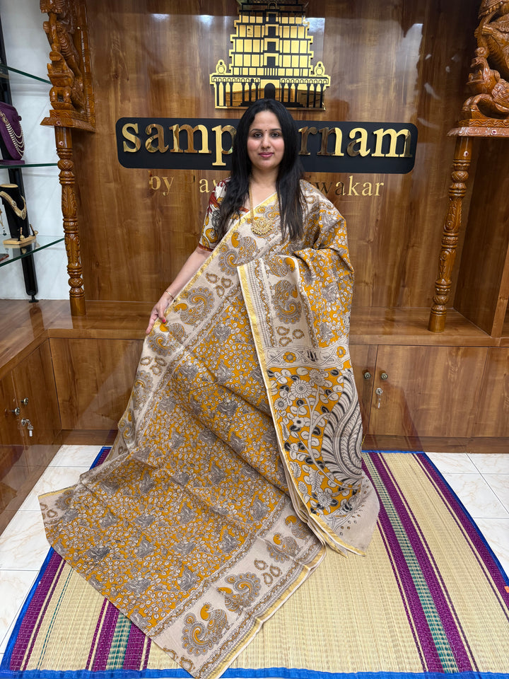 Yellow Kalamkari Prints in the body and Pallu Pure Kota Cotton Saree