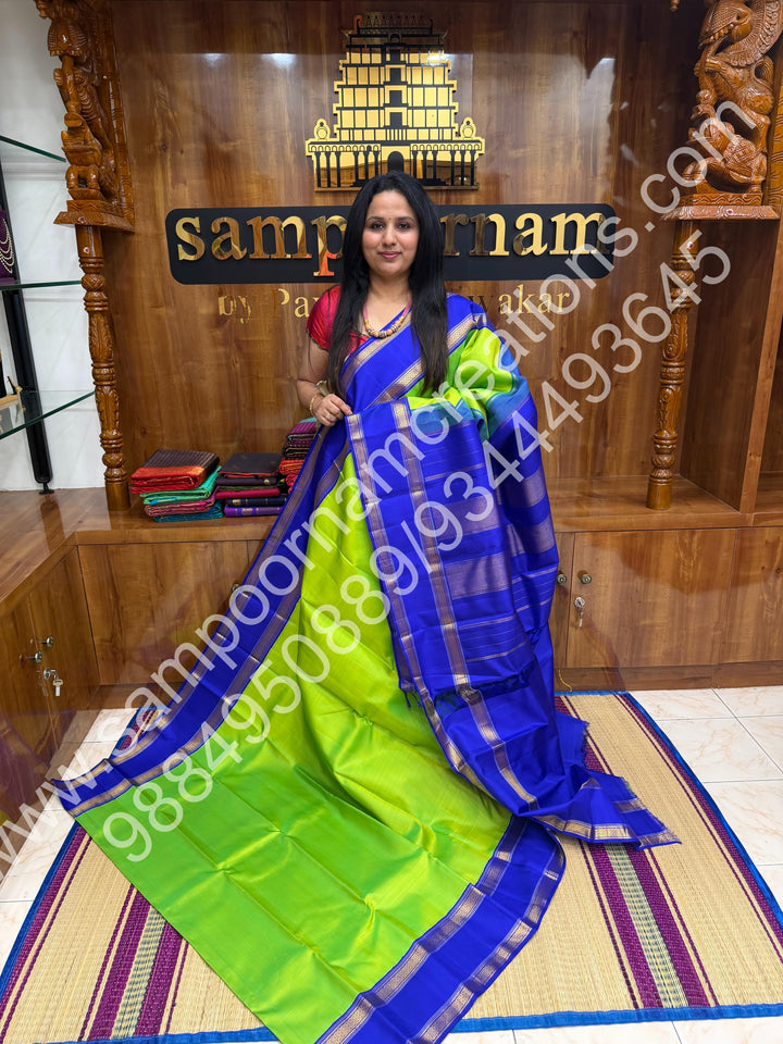 Parrot Green with Blue , rettapet  borders and Rich Pallu  Pure Kanjivaram Silk Saree