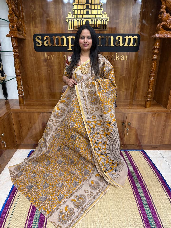 Yellow Kalamkari Prints in the body and Pallu Pure Kota Cotton Saree