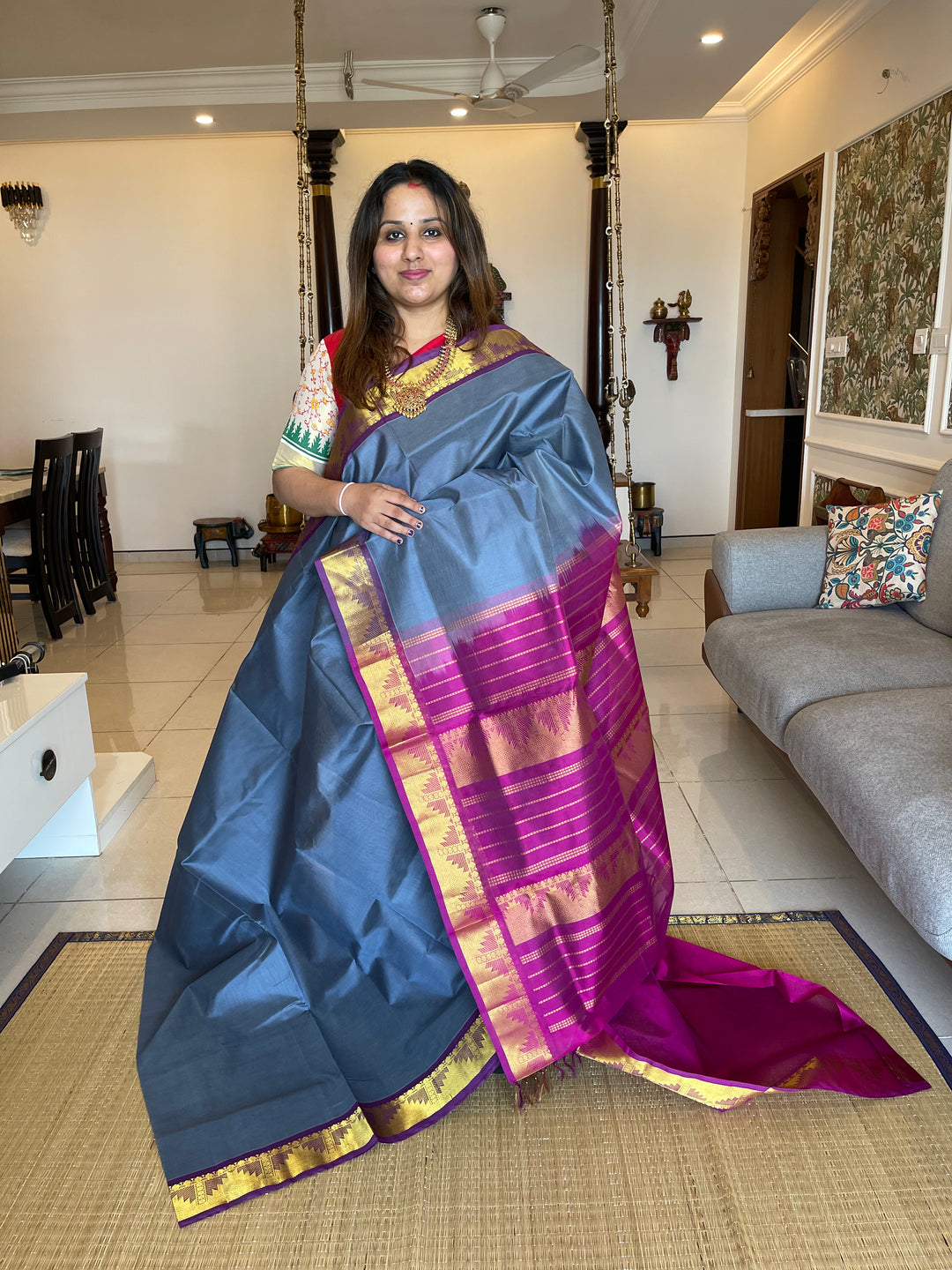 Grey with Purple Rich Border Rich Pallu Silk Cotton Saree