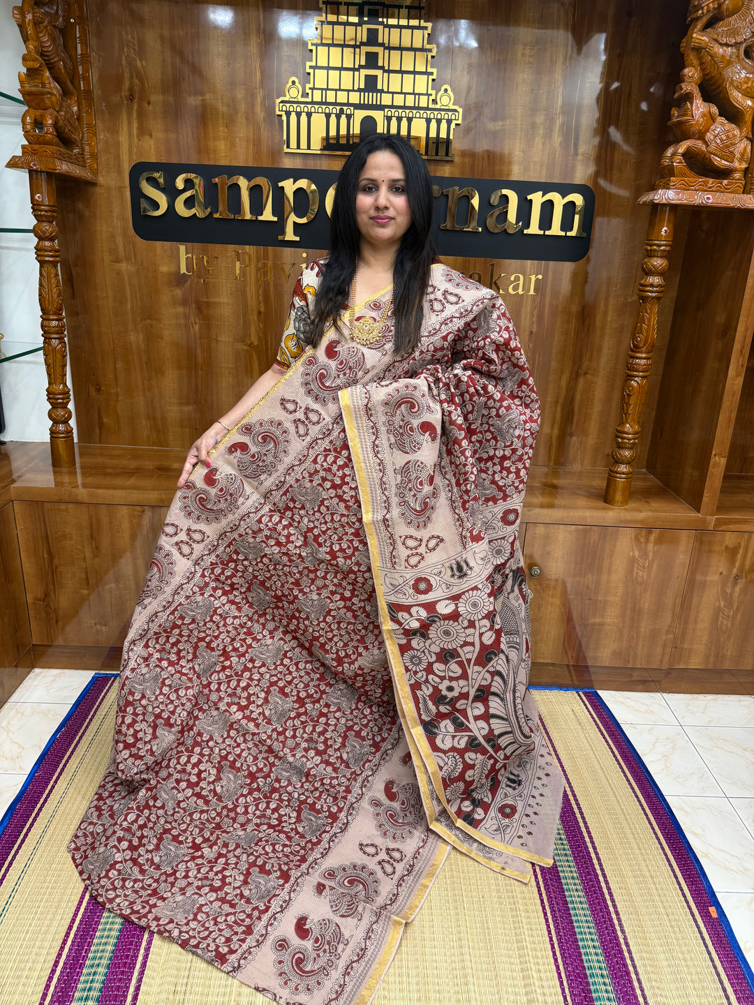 Red  Kalamkari Prints in the body and Pallu Pure Kota Cotton Saree