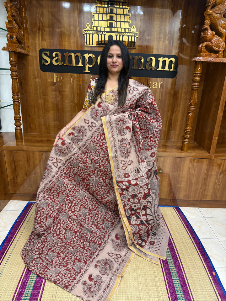 Red  Kalamkari Prints in the body and Pallu Pure Kota Cotton Saree