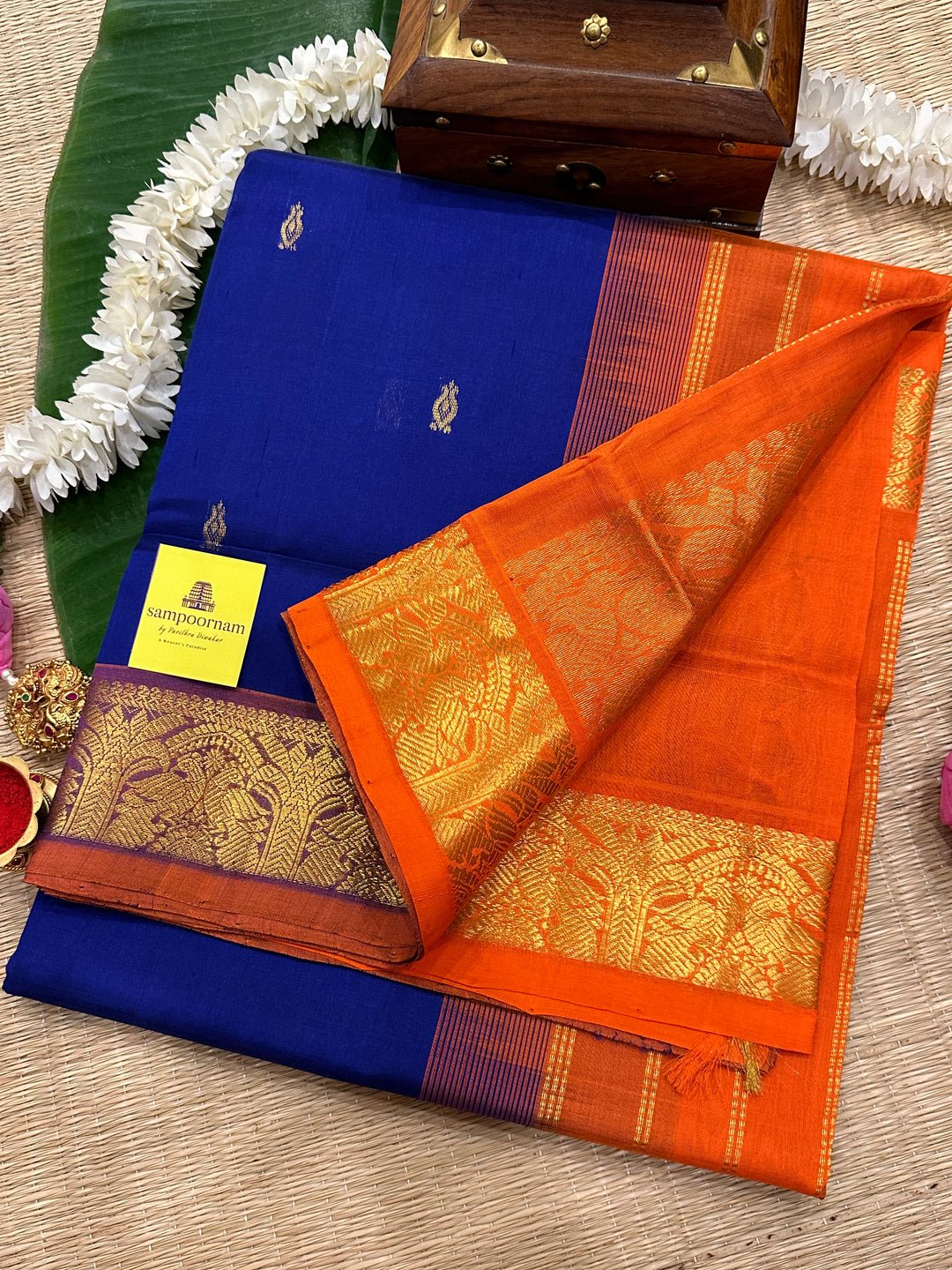 Blue with Orange Zari Butta Silk Cotton Saree