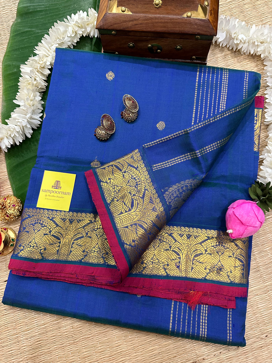 Mayil Kazhuthu Peacock Blue with Zari Butta Silk Cotton Saree