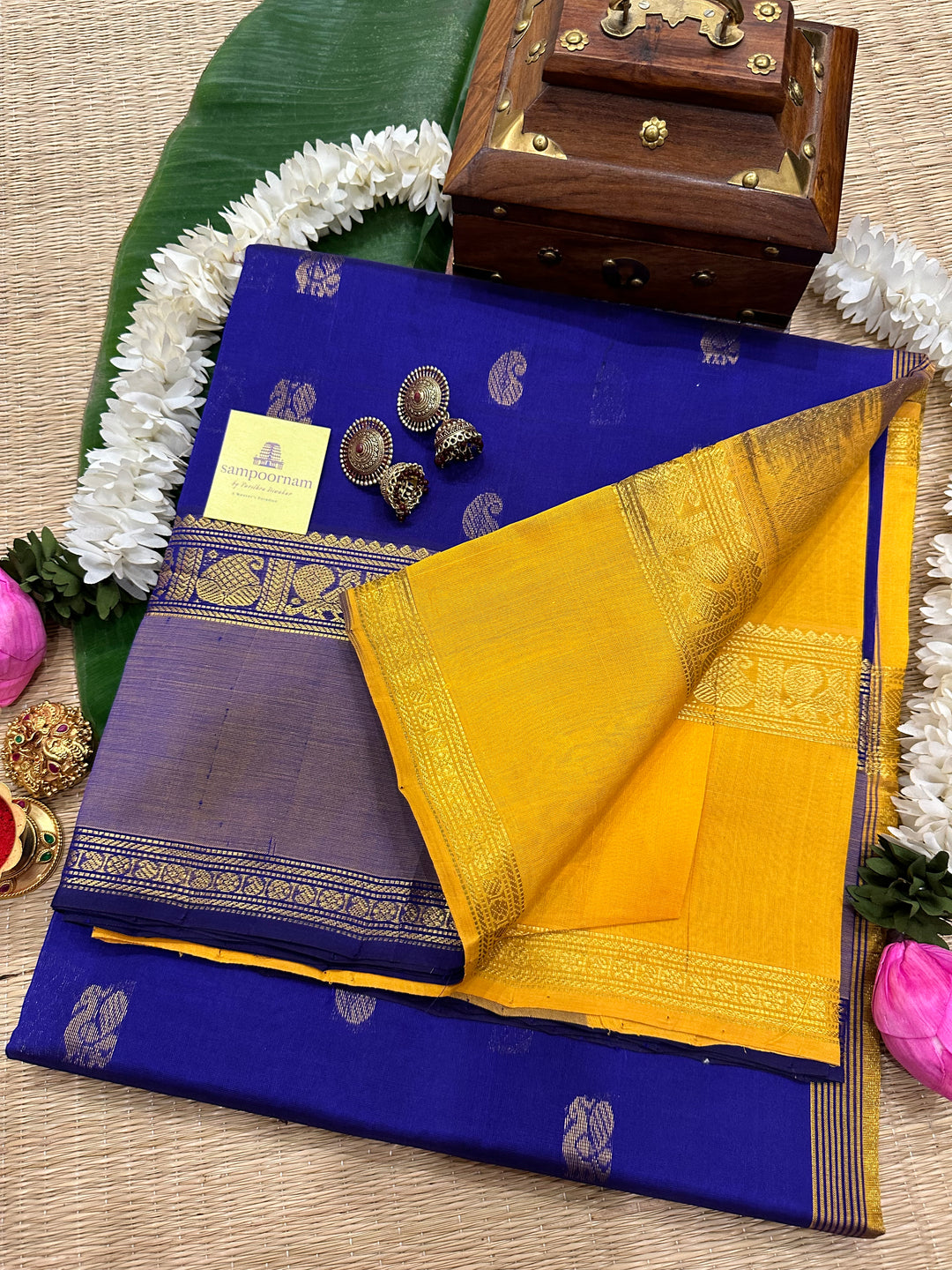 Blue with Yellow Rettapet Zari Butta Silk Cotton Saree