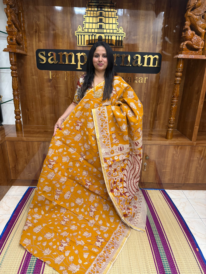 Light Orange  Kalamkari Prints in the body and Pallu Pure Kota Cotton Saree