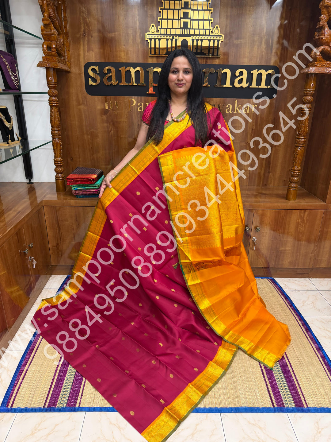 Kumkum Red with Mustard , Rich Mayil and Chakram  butta in the body , Traditional borders and Rich Pallu , Pure Kanjivaram Silk Saree