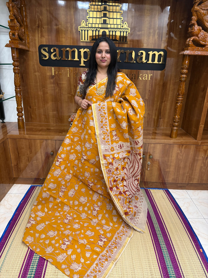 Light Orange  Kalamkari Prints in the body and Pallu Pure Kota Cotton Saree