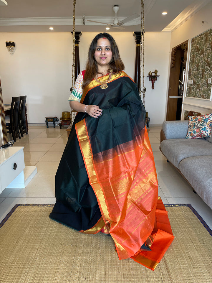 Black with Orange Silk Cotton Saree