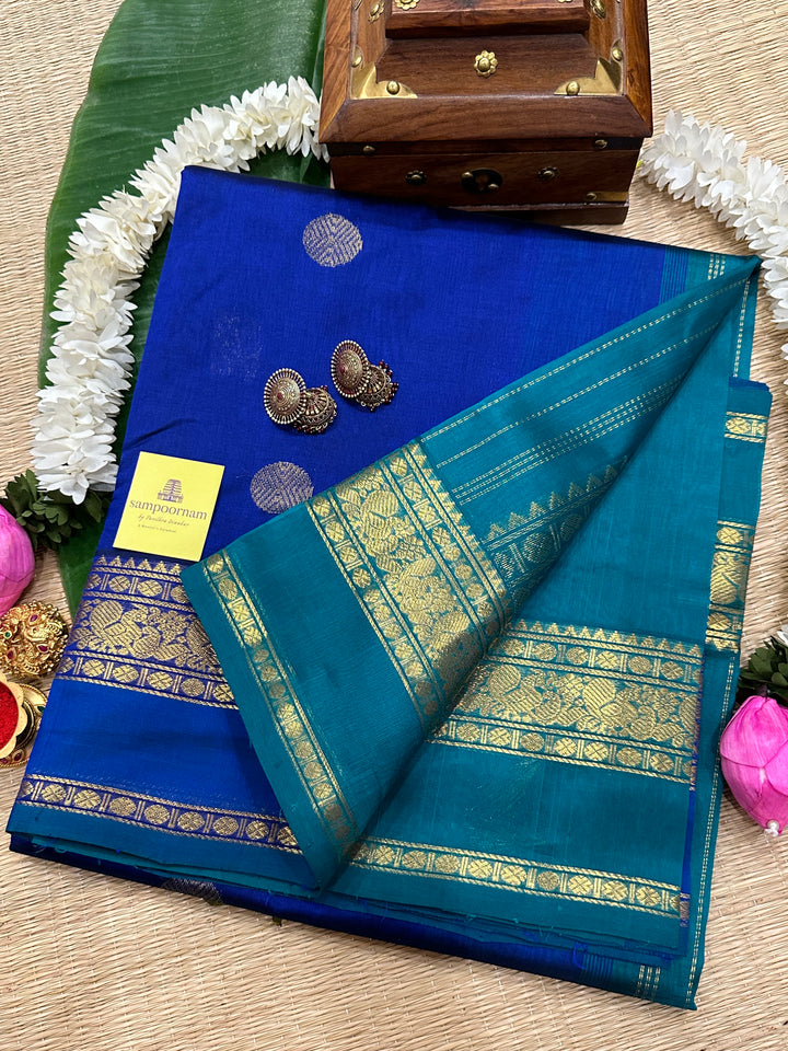 Blue with Green Rettapet Rich Border Zari Butta Silk Cotton Saree