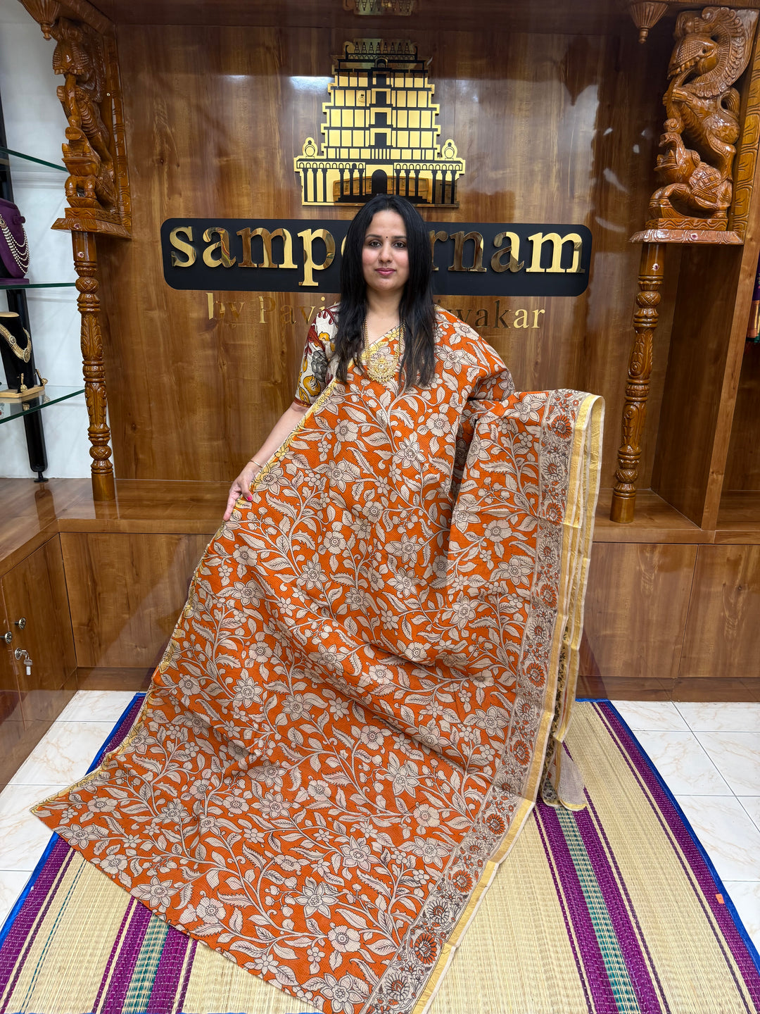 Orange  Kalamkari Prints in the body and Pallu Pure Kota Cotton Saree