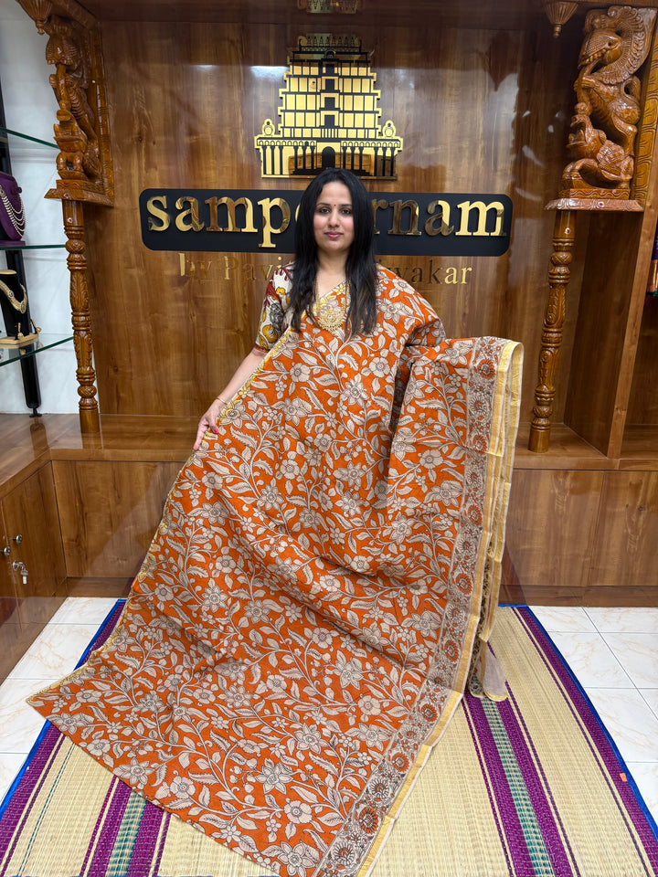 Orange  Kalamkari Prints in the body and Pallu Pure Kota Cotton Saree