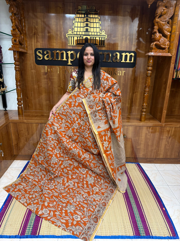 Orange  Kalamkari Prints in the body and Pallu Pure Kota Cotton Saree