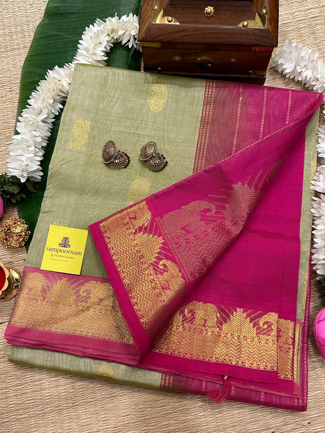 Light Pastel Elaichi Colour With Pink Rich Butta Silk Cotton Saree