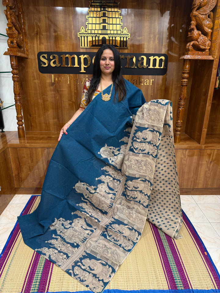 Teel Blue  Kalamkari Prints in the body and Pallu Pure Kota Cotton Saree