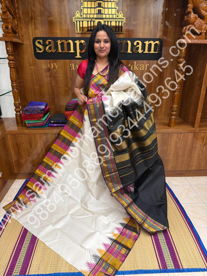 Offwhite with Black , Triple Colour Borders with Temple Design  and Rich Pallu  Pure Kanjivaram Silk Saree