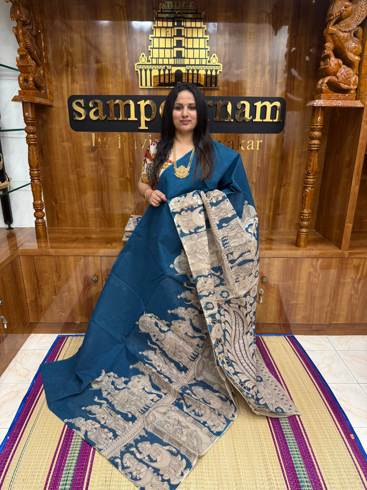 Teel Blue  Kalamkari Prints in the body and Pallu Pure Kota Cotton Saree