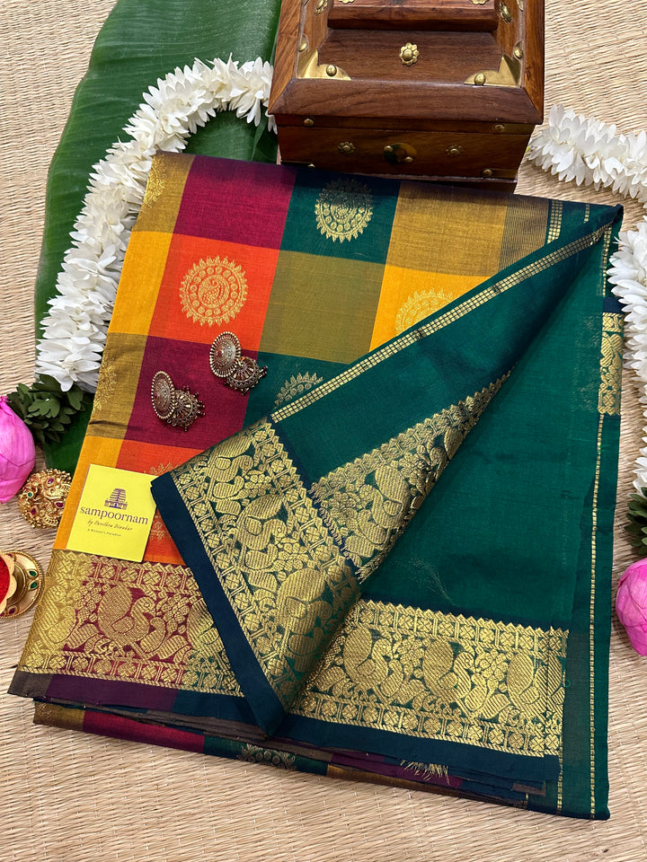 Pallum Pazham Checks With Coin Rich Butta and Green Pallu and Border Silk Cotton Saree