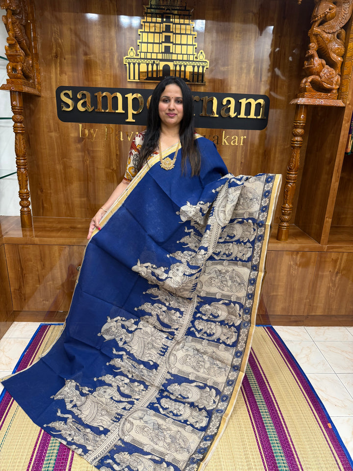 Blue Kalamkari Prints in the body and Pallu Pure Kota Cotton Saree