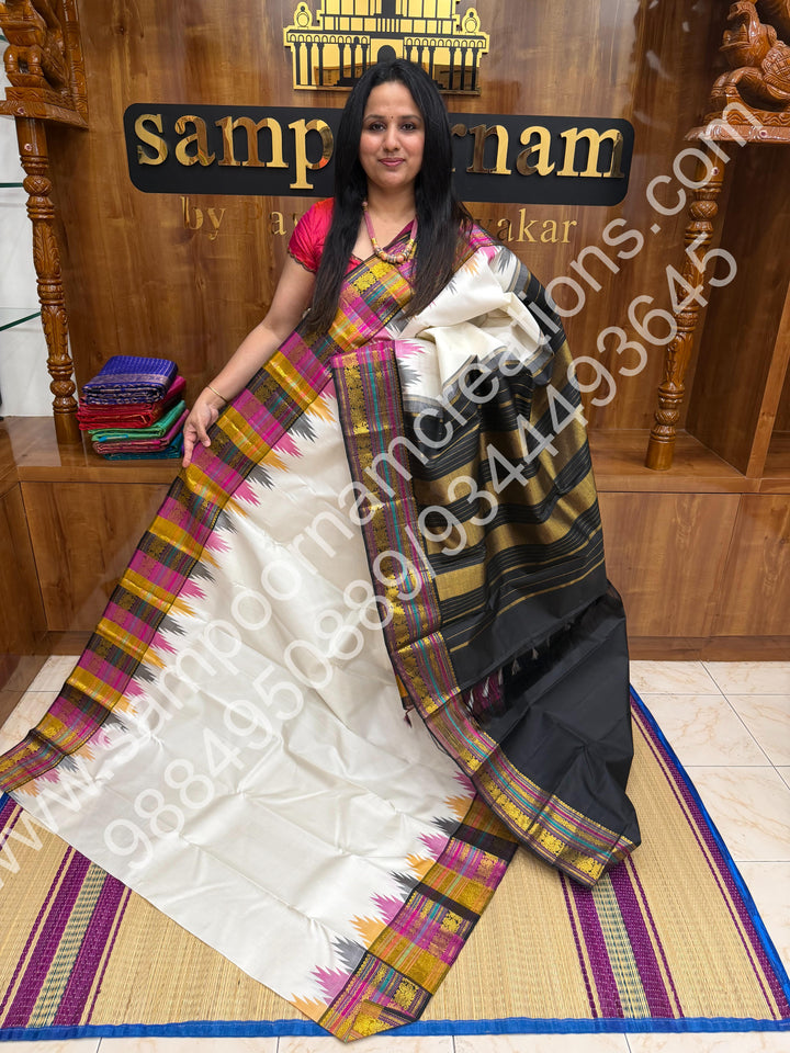 Offwhite with Black , Triple Colour Borders with Temple Design  and Rich Pallu  Pure Kanjivaram Silk Saree