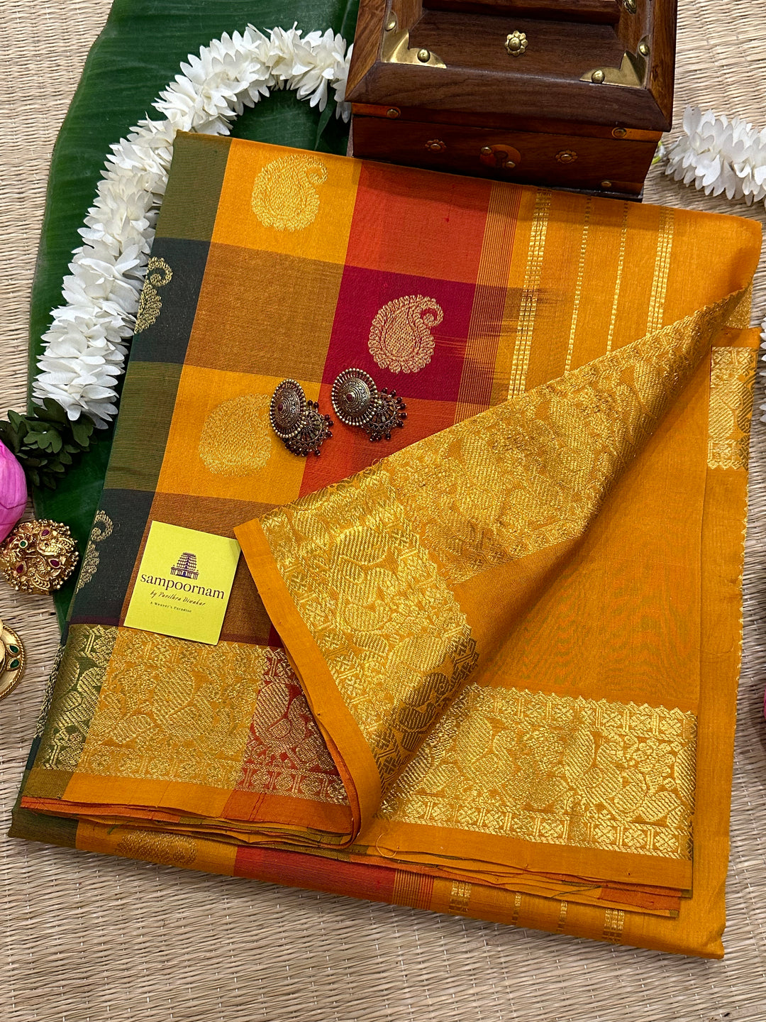 Pallum Pazham Checks with Rich Mango Butta And Mustard Border and Pallu Silk Cotton Saree