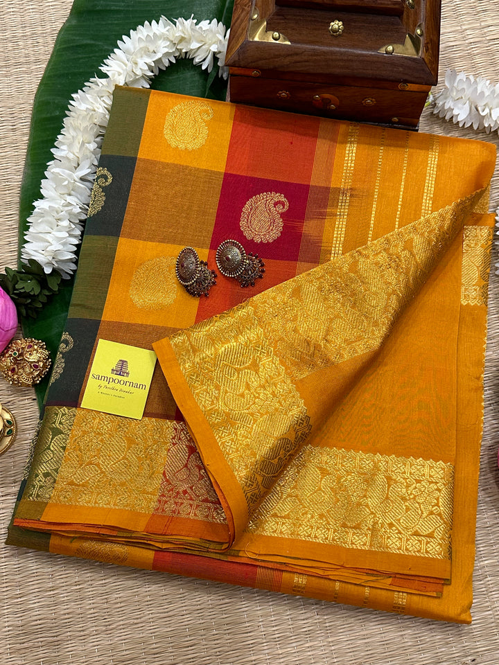 Pallum Pazham Checks with Rich Mango Butta And Mustard Border and Pallu Silk Cotton Saree