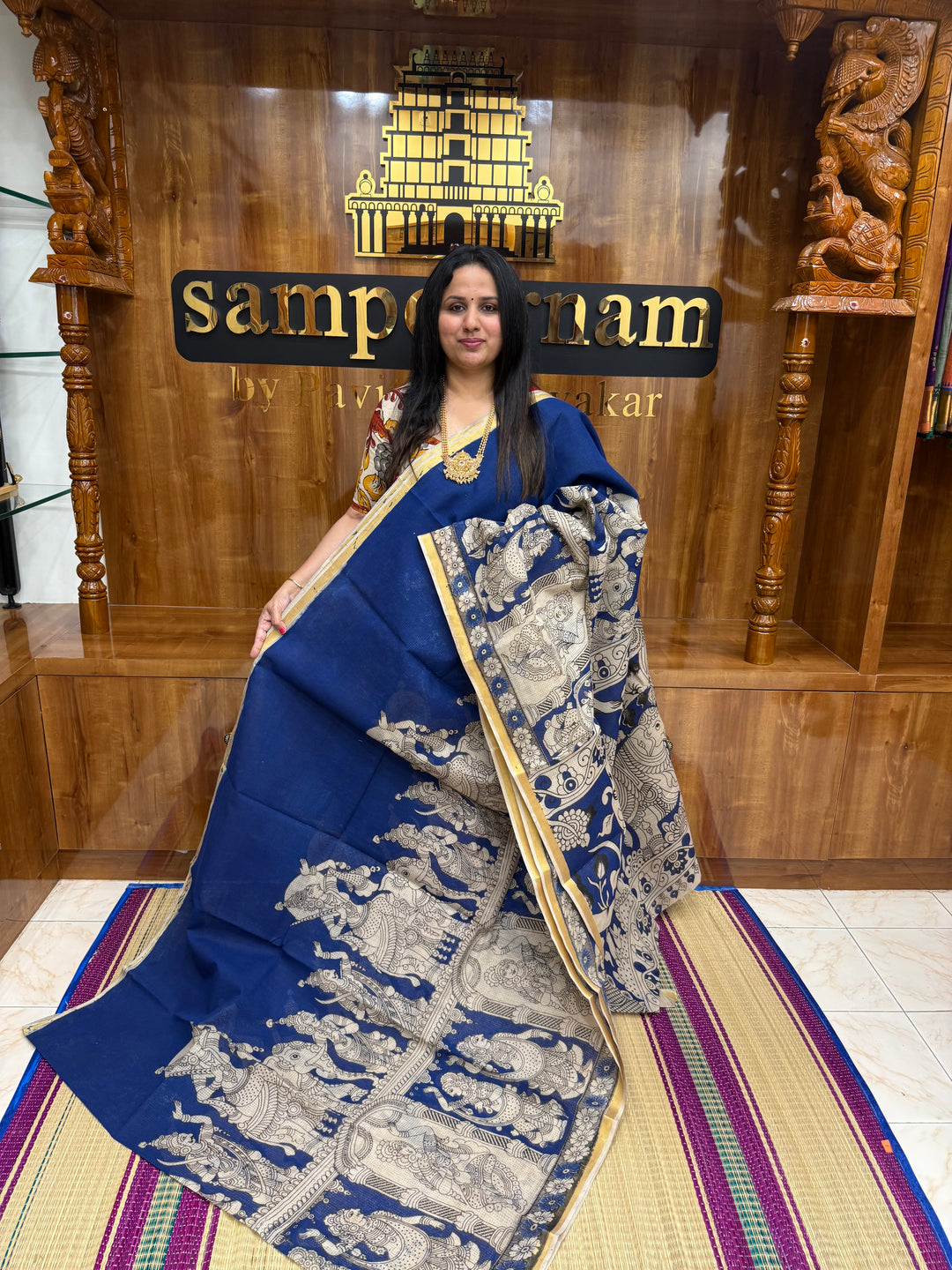 Blue Kalamkari Prints in the body and Pallu Pure Kota Cotton Saree