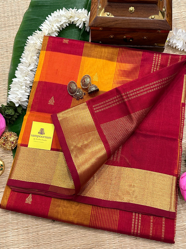 Pallum Pazham Checks With Butta , Red Border and Pallu Silk Cotton Saree