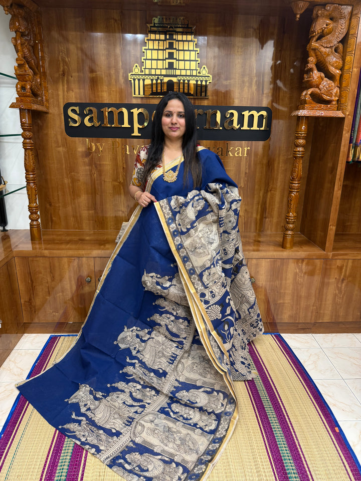 Blue Kalamkari Prints in the body and Pallu Pure Kota Cotton Saree