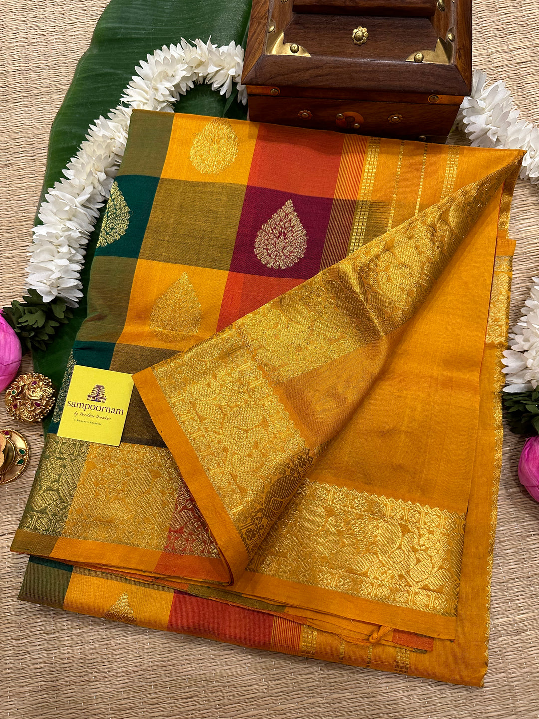 Pallum Pazham Checks with Rich Body Butta, Mustard Border Pallu SIlk Cotton Saree