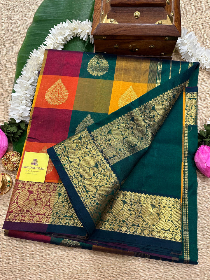 Pallum Pazham Checks with Rich Body Butta, Green Border and Pallu Silk Cotton Saree